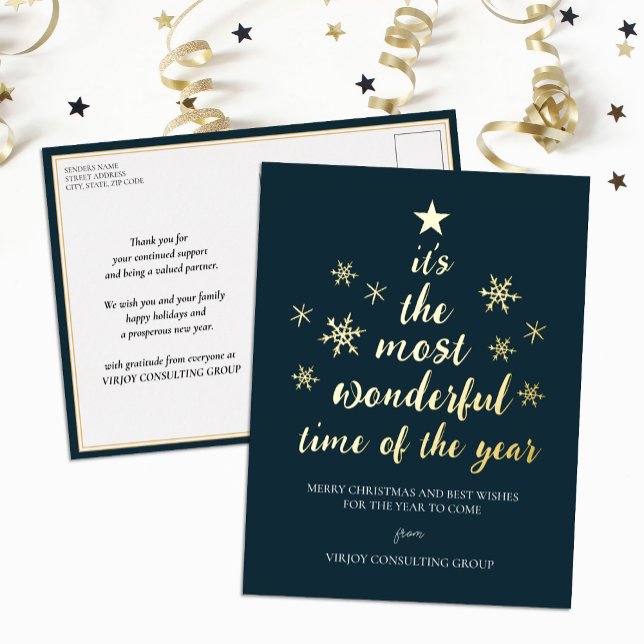 Most Wonderful Time of Year Blue Gold Business Foil Holiday Postcard (Creator Uploaded)