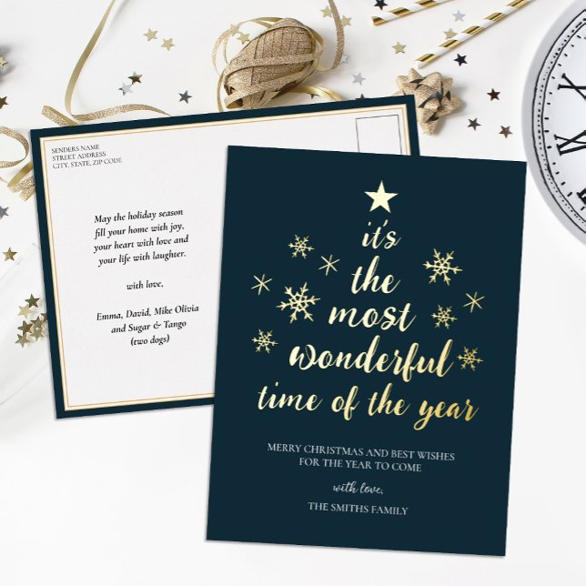 Most Wonderful Time of Year Blue Gold Non Photo Foil Holiday Postcard (Creator Uploaded)