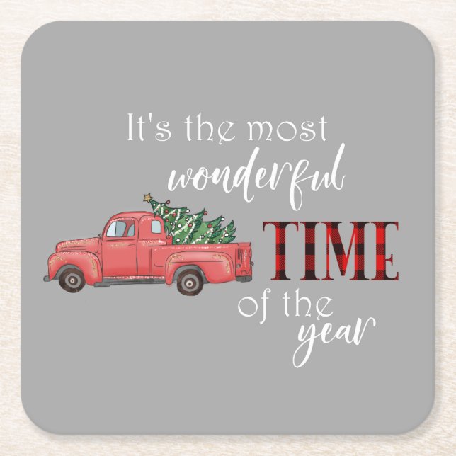 Most Wonderful Time of year Christmas Truck Square Paper Coaster (Front)