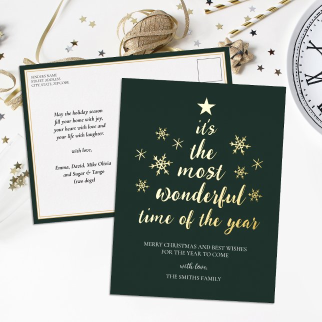 Most Wonderful Time of Year Green Gold Non Photo Foil Holiday Postcard (Creator Uploaded)