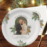 Most Wonderful Time of Year Photo Christmas Paper Plate<br><div class="desc">Modern paper plates with your custom photo, lettered with It's the most wonderful time of the year. Your photos is framed with winter greenery, holly and pine cones. It is displayed in 16:9 portrait format and the photo template will automatically display them in a pill-shaped, rounded lozenge shape. Please browse...</div>