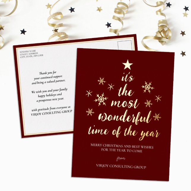 Most Wonderful Time of Year Red Gold Business Foil Holiday Postcard (Creator Uploaded)