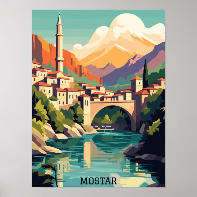 Mostar Bosnia Herzegovina Retro Vintage Travel Poster (Front)