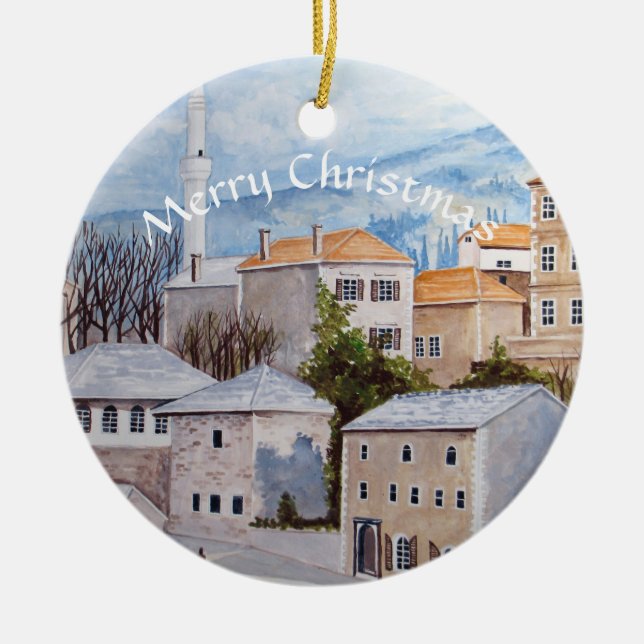 Mostar Bosnia Townscape Painting Ceramic Tree Decoration (Front)