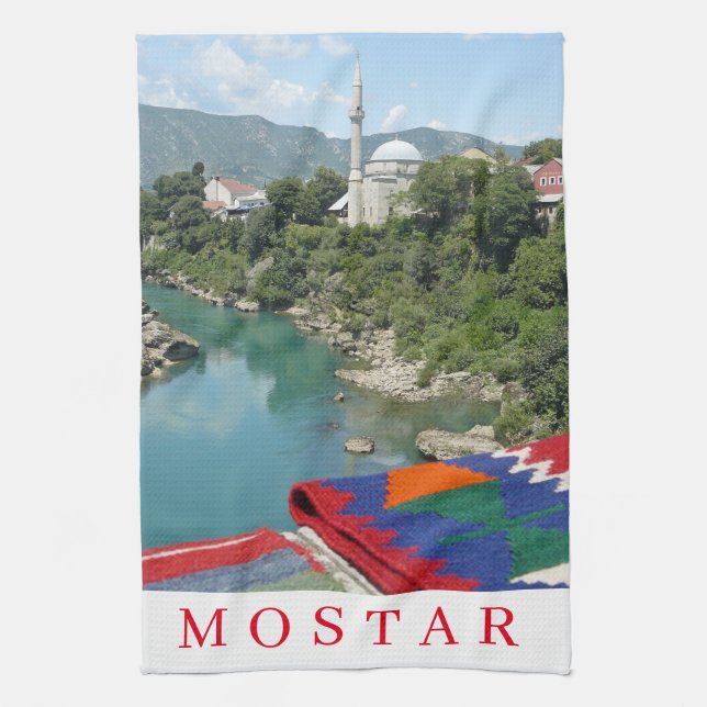 Mostar mosque view tea towel (Vertical)