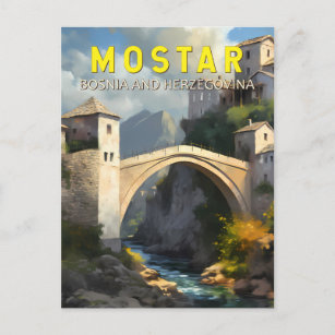 Mostar Stari Most Travel Oil Painting Art Vintage Postcard