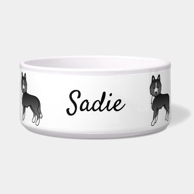 Mostly Black Siberian Husky Cartoon Dog & Name (Front)