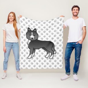 Mostly Black Siberian Husky Cartoon Dog & Paws Fleece Blanket