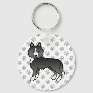 Mostly Black Siberian Husky Cartoon Dog & Paws Key Ring
