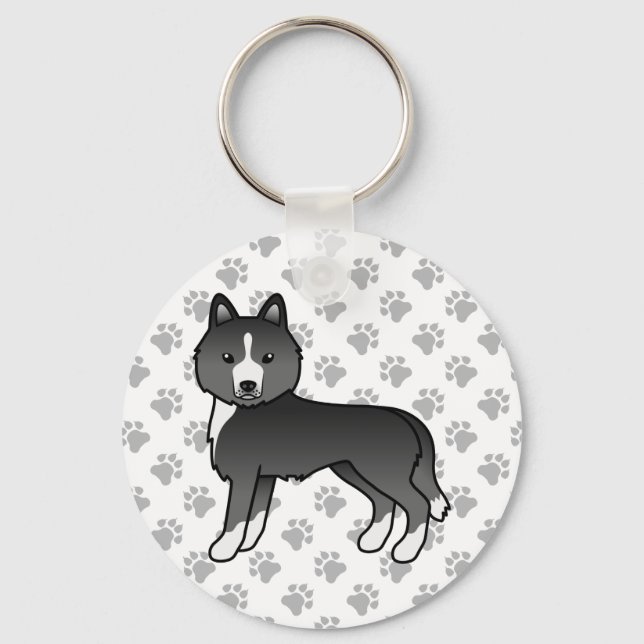 Mostly Black Siberian Husky Cartoon Dog & Paws Key Ring (Front)