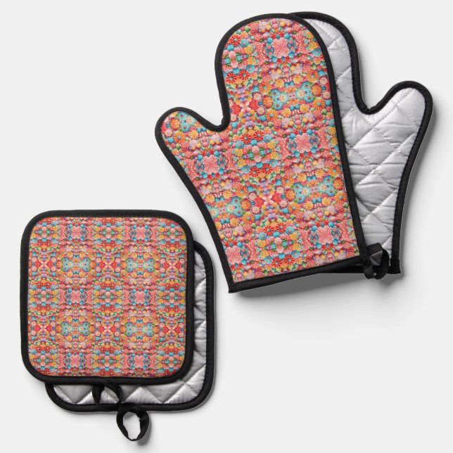 Mostly pink floral pattern design oven mitt & pot holder set (Front/Back)