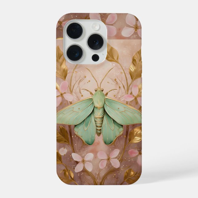 Moth and Golden Flowers Elegant Pink iPhone Case (Back)