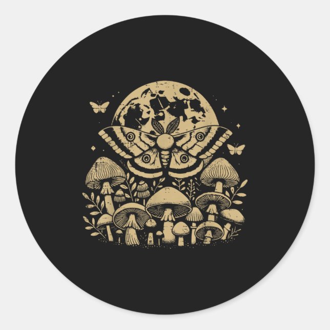 Moth Full Moon Mushroom Boho Aesthetic Occult Men  Classic Round Sticker (Front)