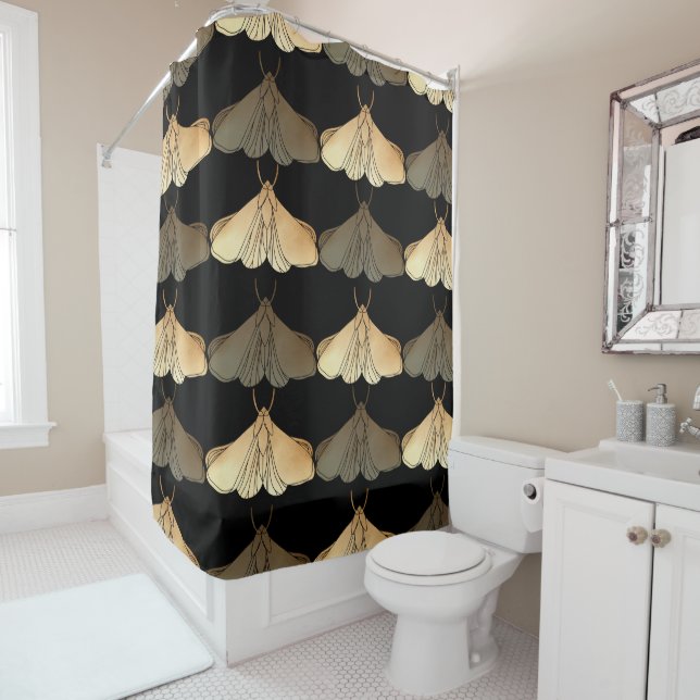 Moth in gold pattern shower curtain (In Situ)