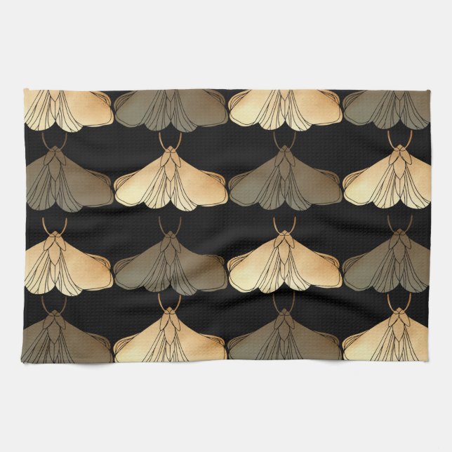 Moth in gold pattern tea towel (Horizontal)
