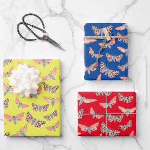 Moth Pattern Colourful Bold Pink Lemon Red Blue Wrapping Paper Sheet