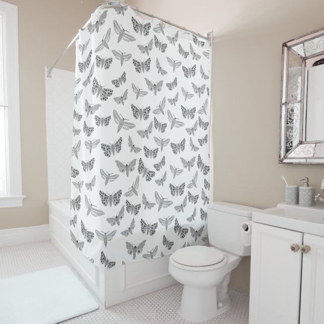 Moth Pattern Moths Cool Elegant Black Grey White Shower Curtain (In Situ)