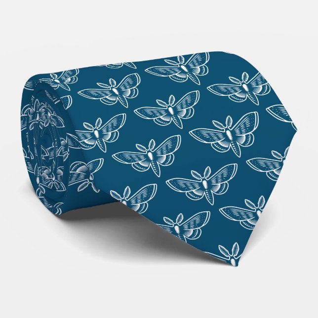 Moth Pattern - White on Ocean Blue Tie (Rolled)