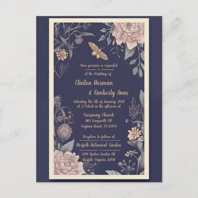 Moth, Rose & Thistle Wedding Invitation Postcard (Front)