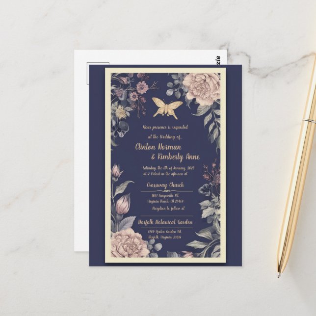 Moth, Rose & Thistle Wedding Postcard II (Front/Back In Situ)