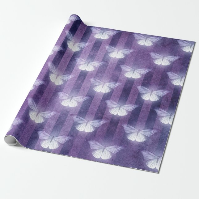 Moth white purple striped pattern mystical  wrapping paper (Unrolled)