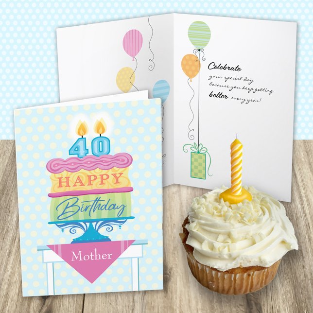Mother 40th Birthday Cake Number Candles  Card (Creator Uploaded)