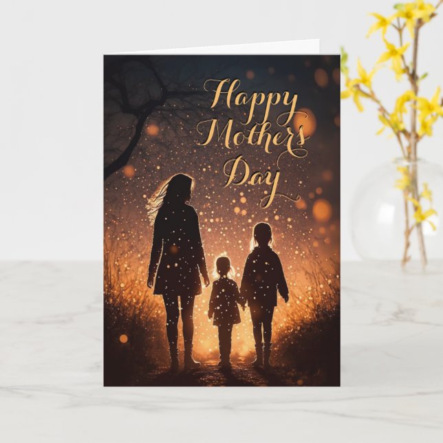 Mother and 2 Children at Sunset, Mothers Day Card (Yellow Flower)