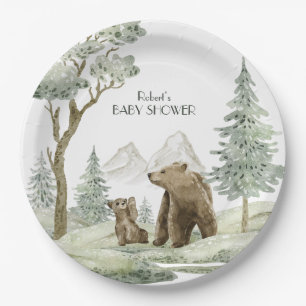 Mother and baby bear watercolor forest invitation paper plate