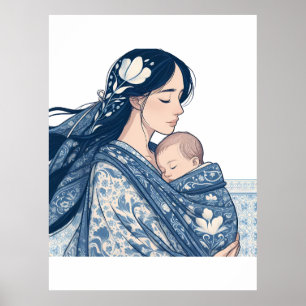 Mother and Baby – Blue Floral Embrace Art Poster