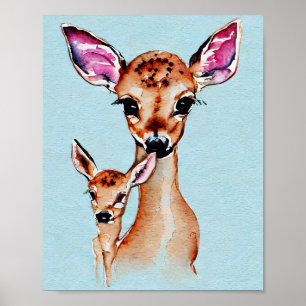 Mother And Baby Deer Watercolor Love Family Poster