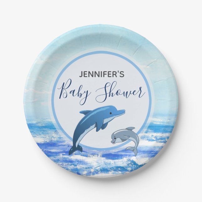 Mother and Baby Dolphin Ocean Theme Baby Shower Paper Plate (Front)