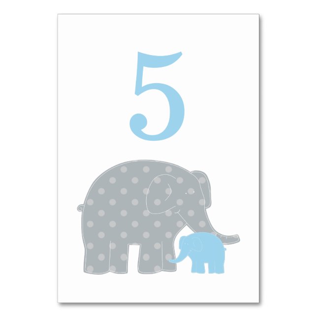 Mother and Baby Elephant Boy Shower Blue and Grey Table Number (Front)