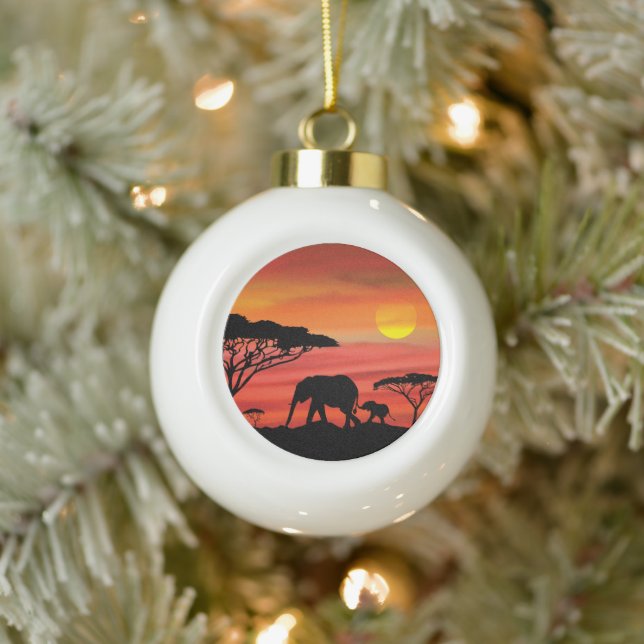 Mother and Baby Elephant in the Serengeti Ceramic Ball Christmas Ornament (Tree)
