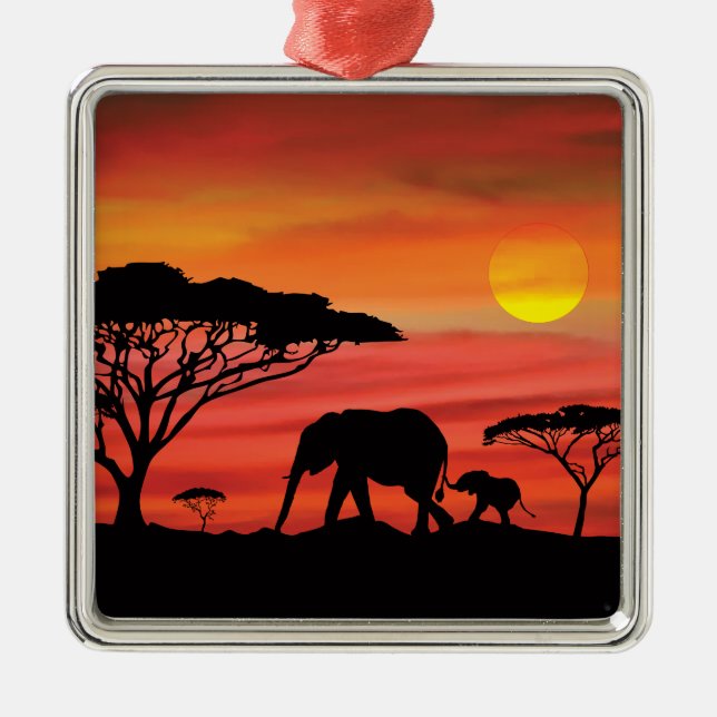 Mother and Baby Elephant in the Serengeti Metal Tree Decoration (Front)