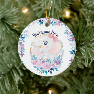 Mother and Baby Elephant Pink Blush Flower Wreath Ceramic Tree Decoration