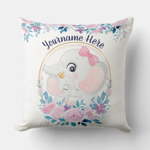 Mother and Baby Elephant Pink Blush Flower Wreath Cushion