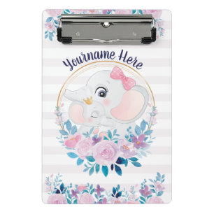 Mother and Baby Elephant Pink Blush Flower Wreath Mini Clipboard