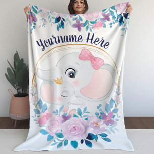 Mother and Baby Elephant Pink Blush Flower Wreath Sherpa Blanket