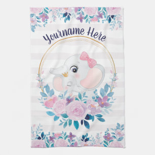 Mother and Baby Elephant Pink Blush Flower Wreath Tea Towel