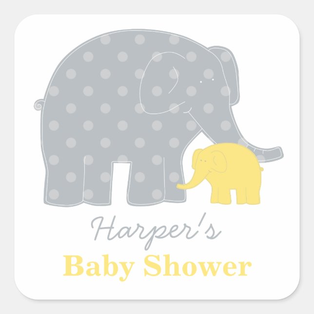 Mother and Baby Elephant Shower Yellow and Grey Square Sticker (Front)