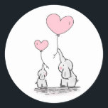 Mother and Baby Elephant with Heart Balloons Classic Round Sticker<br><div class="desc">A cute illustration of a mother and baby elephant design holding heart shaped balloons with their trunks.</div>