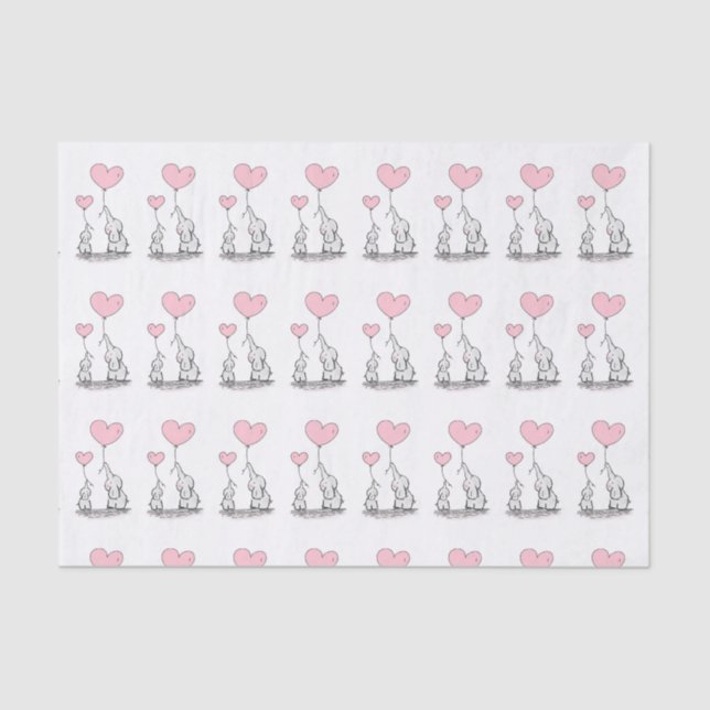 Mother and Baby Elephant with Heart Balloons Tissue Paper (Front)