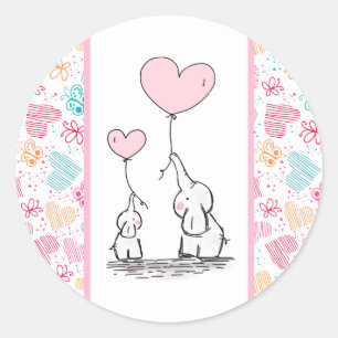 Mother and Baby Elephants with Colourful Hearts Classic Round Sticker