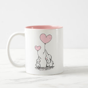 Mother and Baby Elephants with Heart Balloons Two-Tone Coffee Mug