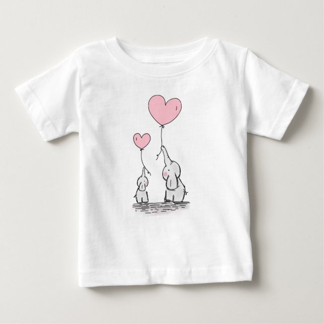 Mother and Baby Elephants With Pink Heart Balloons T-Shirt (Front)