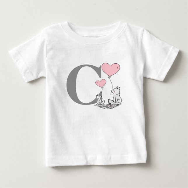 Mother And Baby Fox Pink Heart Balloons Initial T-Shirt (Front)