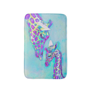 mother and baby giraffe- purple blue and yellow bath mat
