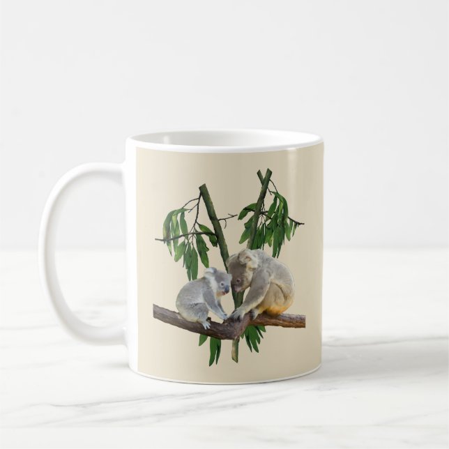 mother and baby koala bear eucalyptus tree beige coffee mug (Left)