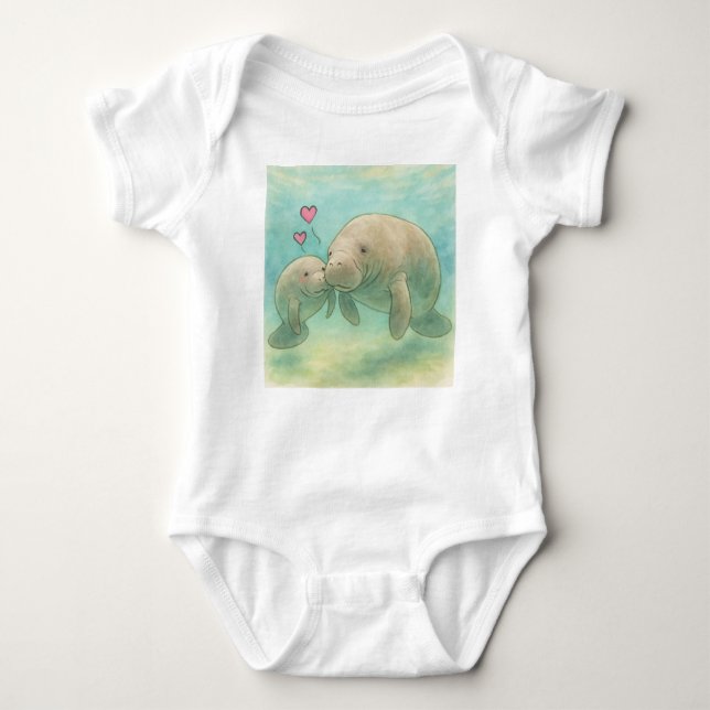 Mother and Baby Manatee Watercolor Illustration –  Baby Bodysuit (Front)