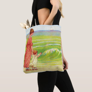 mother and baby on the beach print tote bag